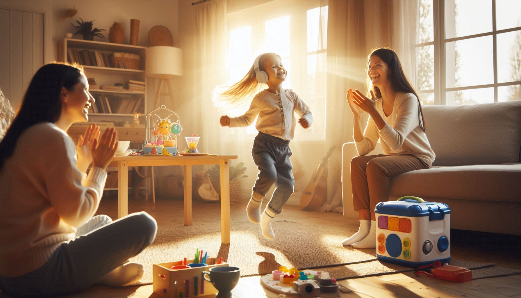 A smiling child spins around in a sunlit living room, dancing to music on a speaker.