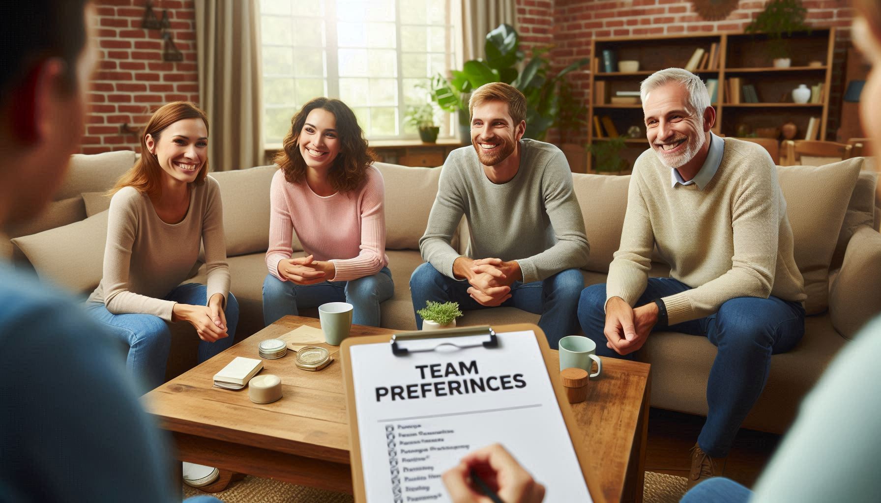 A warm, welcoming setting where a family is sitting comfortably in a living room with a potential caregiver.