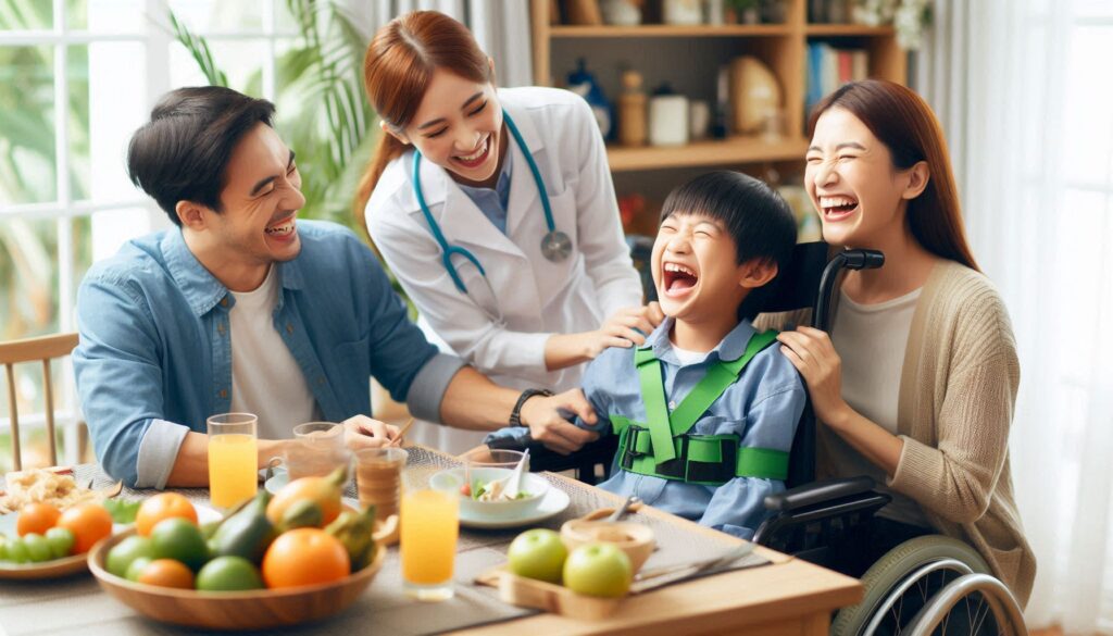 A family laughing around a dinner table while a care worker helps their child with a disability in a wheelchair nearby.