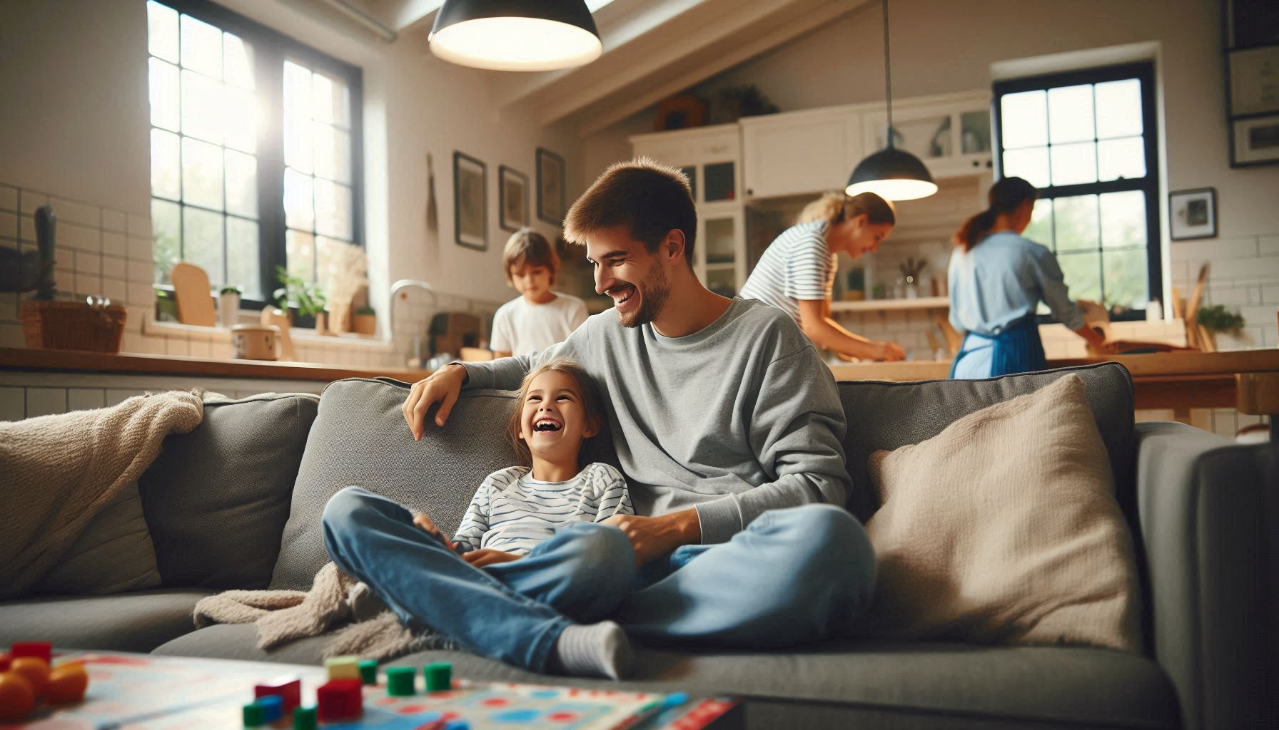 Inside a cozy living room, a parent and child share a relaxed moment—playing a game, laughing together while being assisted by support teams.