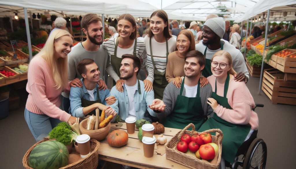 A group of SIL participants and support workers out in the community—maybe at a local market, volunteering at a community garden, or enjoying a coffee shop.