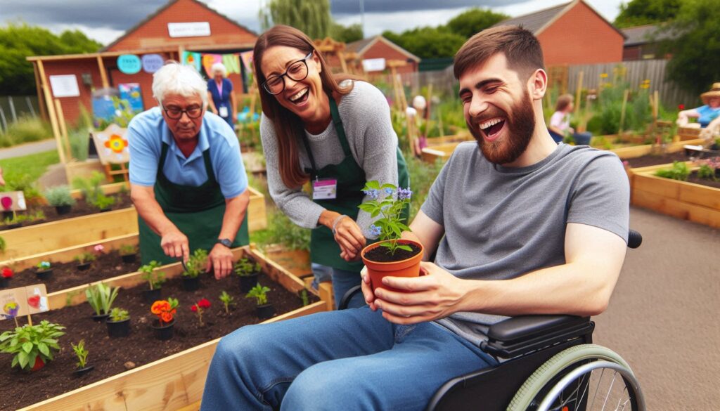 A man in a wheelchair is outside at a local community garden, holding a small potted plant with pride