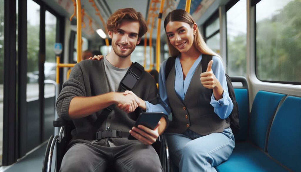  A participant confidently using public transport with a support worker nearby. A participant confidently using public transport with a support worker nearby. A participant confidently using public transport with a support worker nearby