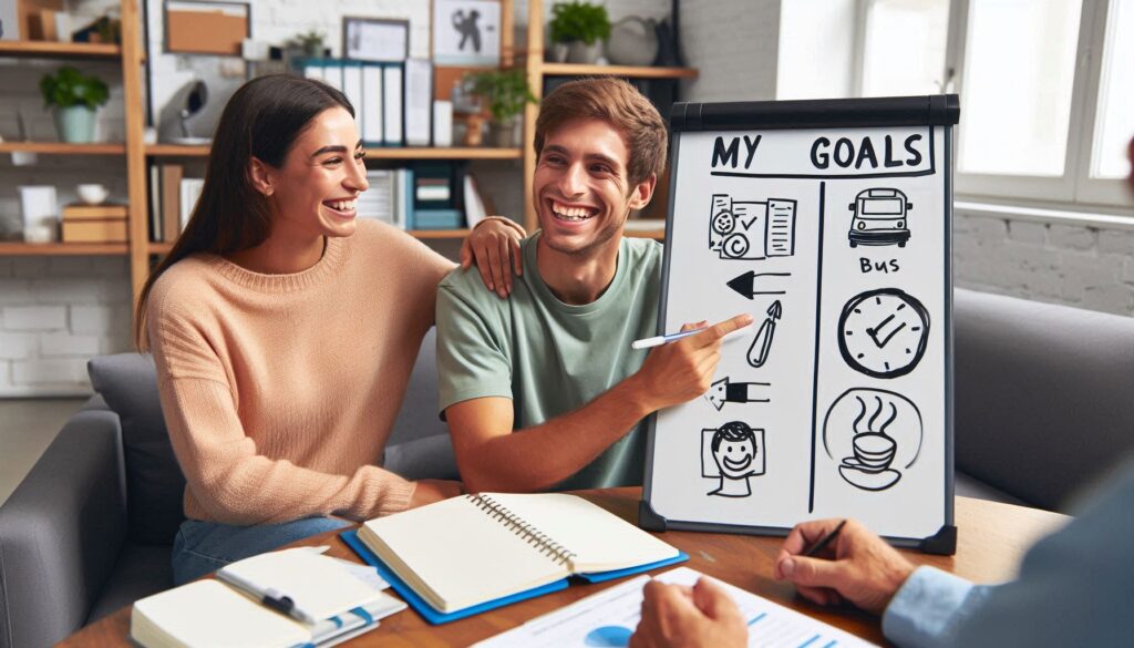 A support worker and a participant sitting at a table with notebooks and a whiteboard, smiling and actively discussing goals