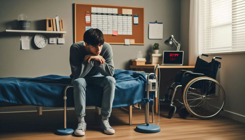 A-young-adult-in-a-tidy-room-with-assistive-devices-and-a-schedule-on-the-wall.