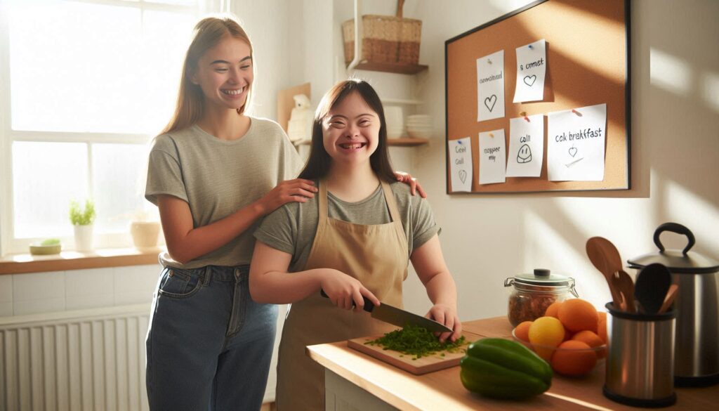 A young woman with Down syndrome smiles proudly as she chops vegetables in a bright, modern kitchen
