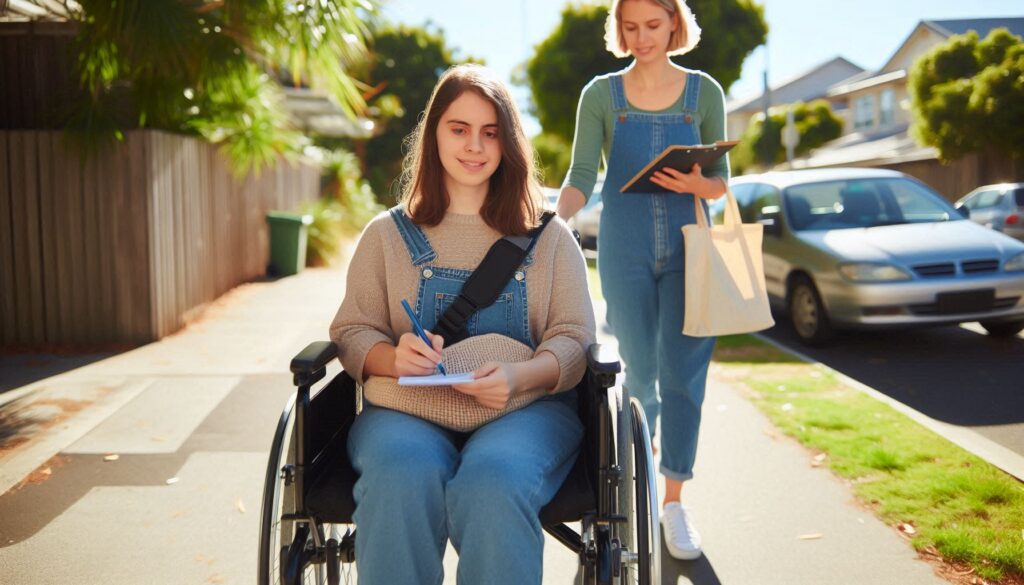 A young woman with a physical disability is rolling her wheelchair down a safe suburban footpath tow