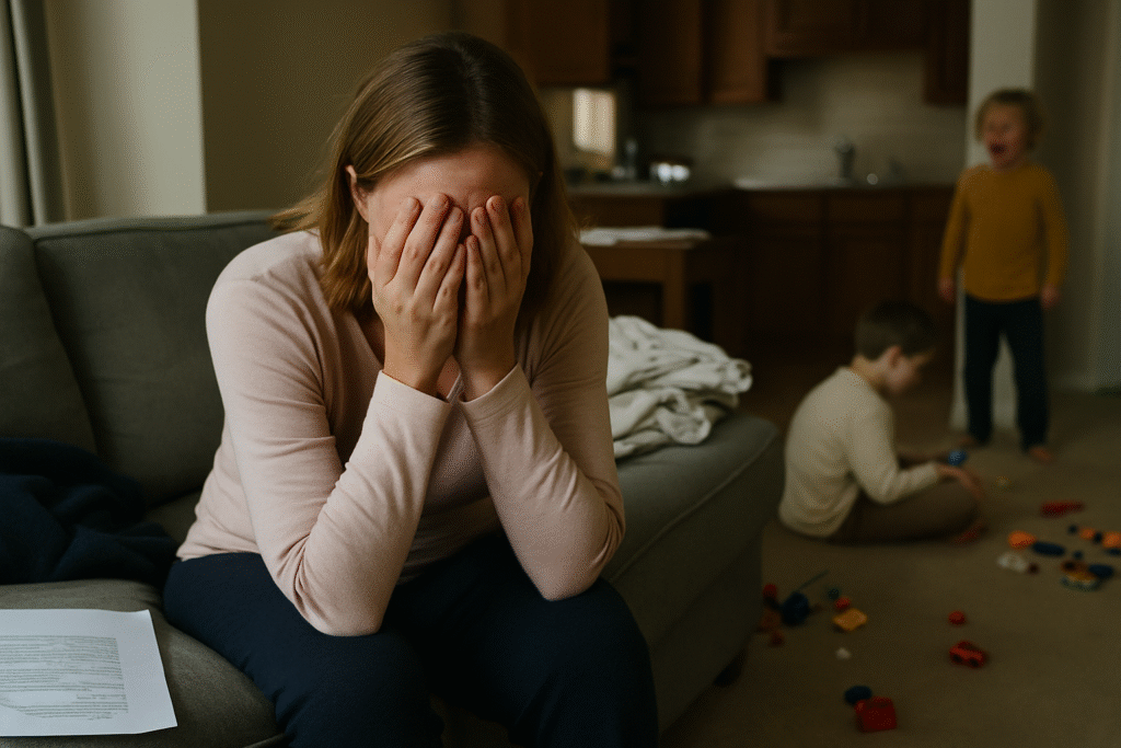  Stressed Mother in a Lively Living Room